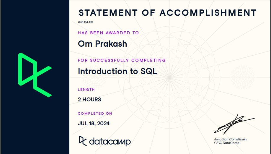 Introduction to SQL Certificate